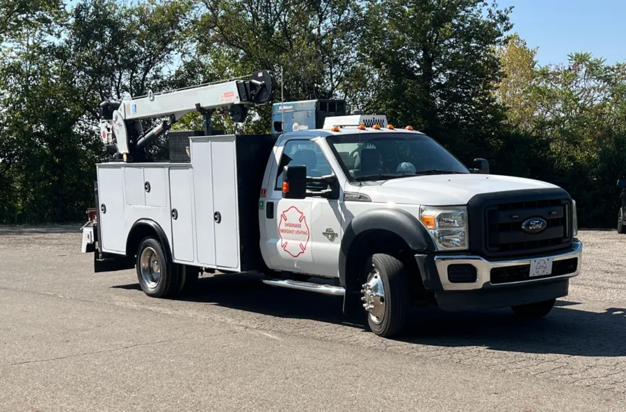 The Shoemaker Emergency Lighting mobile service truck, fitted with a crane for heavier equipment and hard-to-reach jobs.