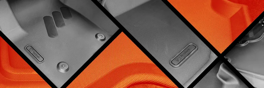 Close-ups of a TigerTough Pro Floor Liner from TigerTough’s brochure: the three raised heel pads, the embossed TigerTough logo plate, a retaining clip, and the raised bars of the Non-Slip Micro Grid, some panels printed in TigerTough orange.